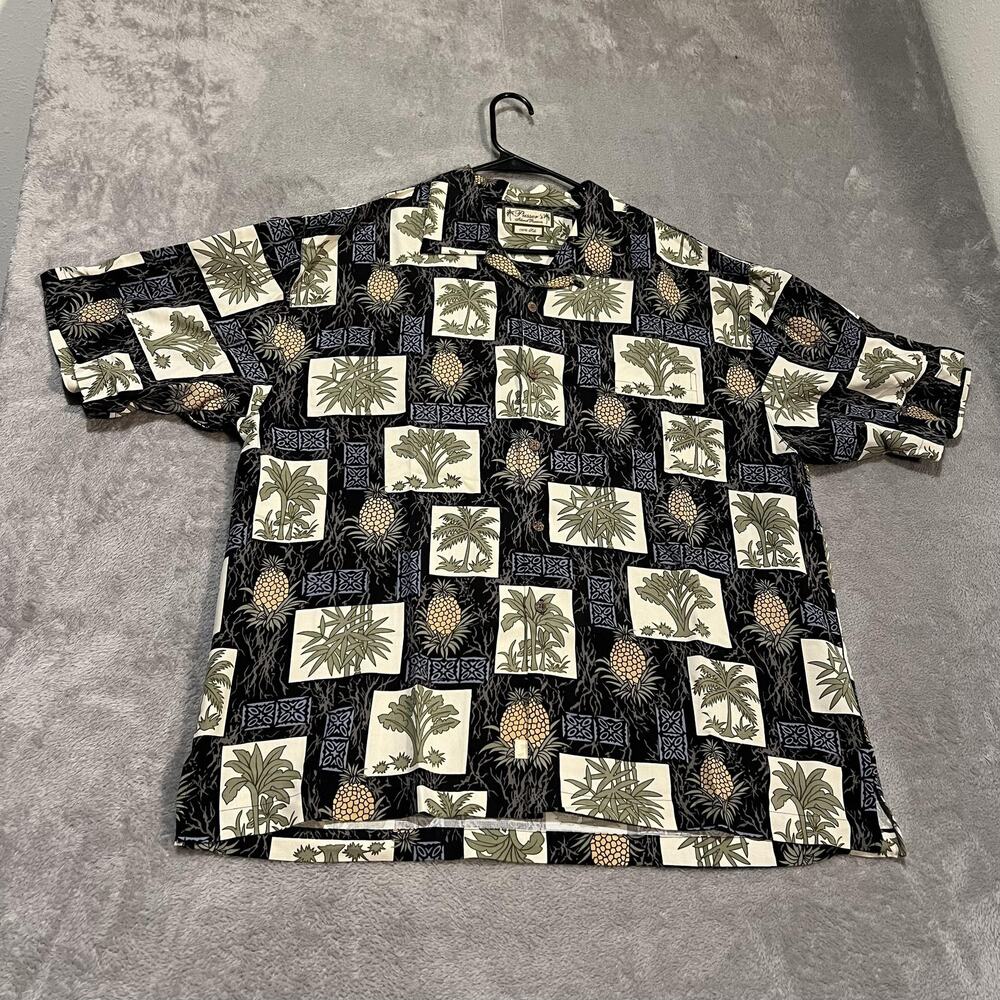 Pusser's Island Reserve Shirt Mens Large Black Silk Hawaiian Aloha Pineapple
